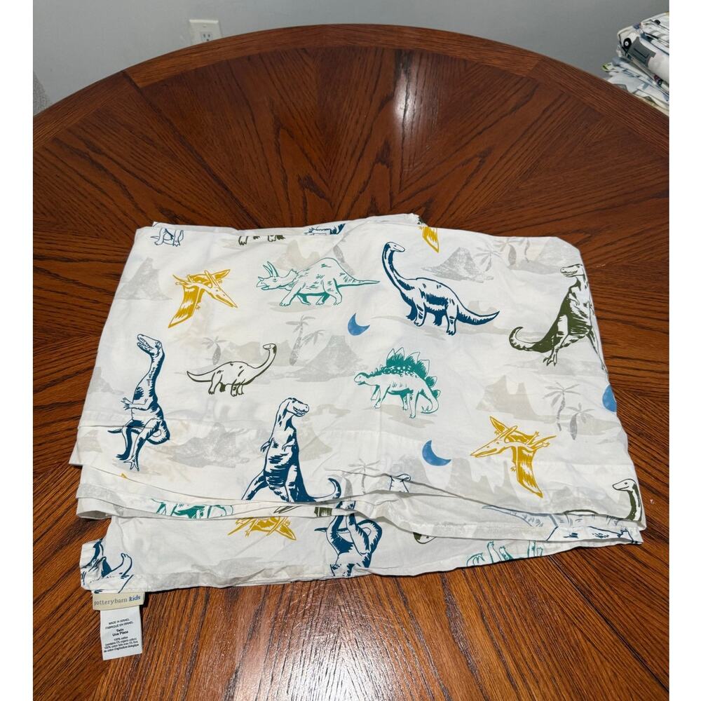 Pottery Barn Kids Dinosaur Print Flat Sheet | Twin | 100% Cotton Boys Room Blue